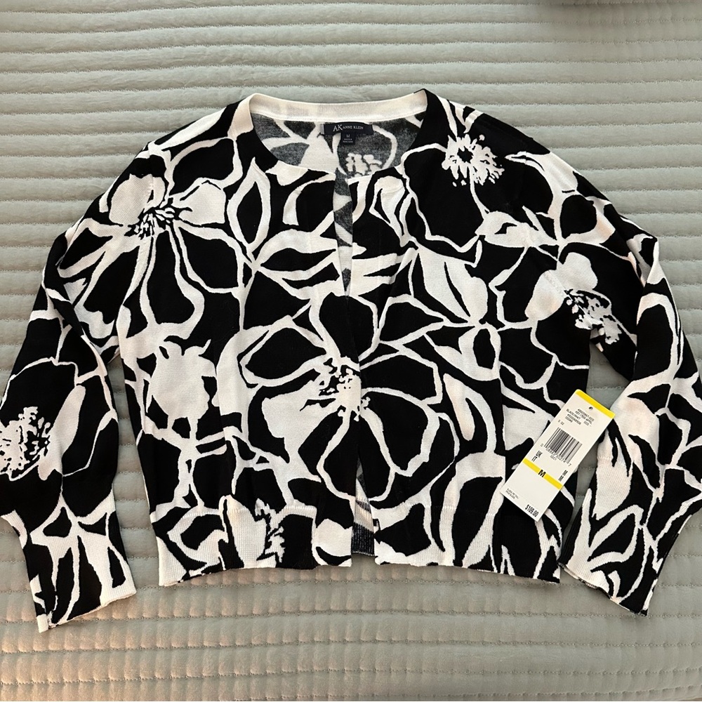 Anne Klein Black and White Floral Knit Cardigan